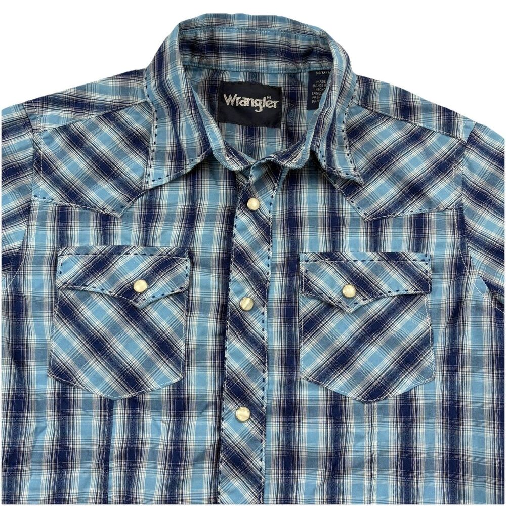 Vintage Wrangler Western Pearl Snap Kids M Blue Plaid Raw Hem Pockets